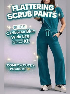 XL Figs Wide Leg Scrub Pants in Caribbean blue with Aqua Drawstring